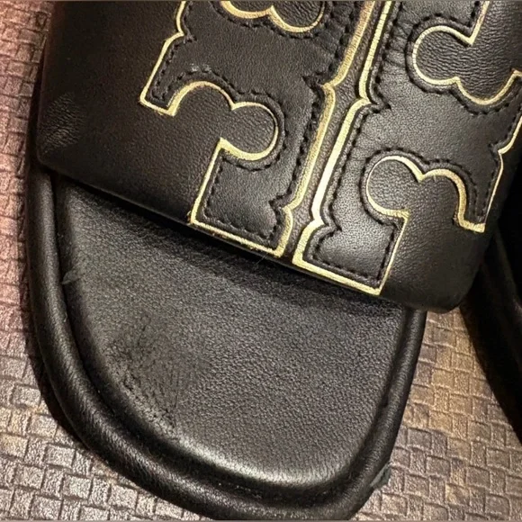 Tory Burch Double T Sport Slides Black Slides with Gold Emblem - Picture 9 of 12